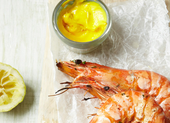 Barbequed Tiger Prawns with Saffron Aioli